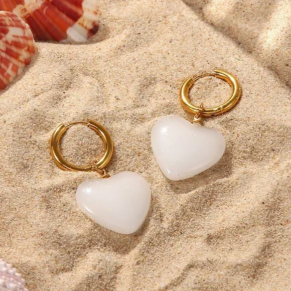 Healing White Jade Heart Hoop Earrings 18K Gold Plated Stainless Steel - Picture 7 of 7